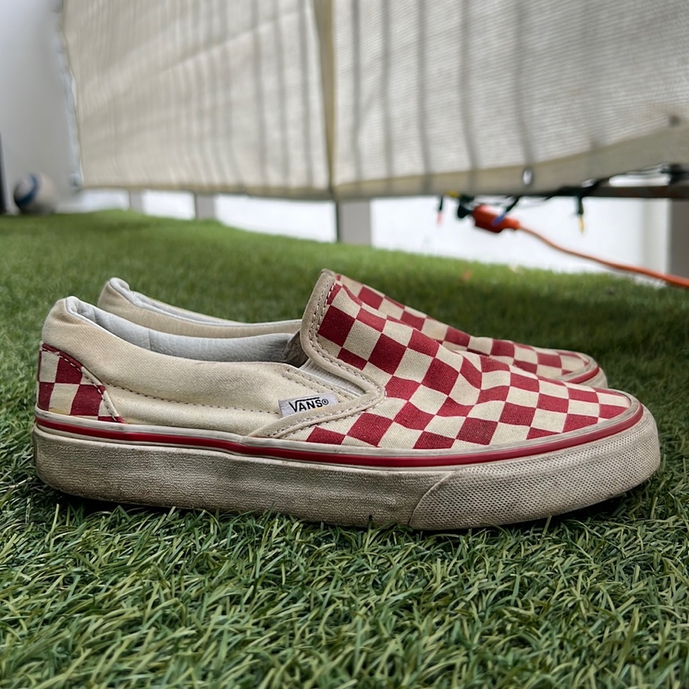CHECKERBOARD SLIP-ON SHOE . Red . Used . Size 5.5